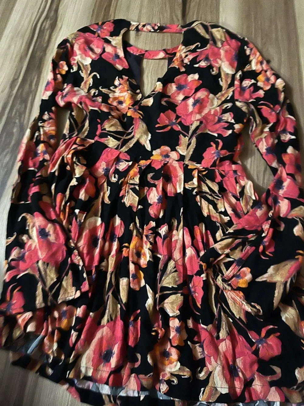 Floral Keyhole Long-Sleeve Mini Dress - Black with Coral Floral